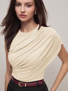 BizChic 2025 Summer New Cream Yellow Ruched Design Batwing Sleeve Women's Top T-Shirt, Business Casual Daily Commute Elegant Beach Resort Suitable For Wedding Guests, Country Music Festival, Brunch, Airport, 90s Retro Stockholm Style, American Independence Day - Apricot - View 1