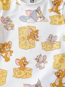 TOM & JERRY X SHEIN Ensemble de 2 pièces pyjama : T-shirt à manches courtes blanc décontracté et confortable avec imprimé de fromage et dessin animé de jeune garçon, et short