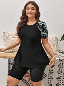 Swim Lushoire Plus Size Tropical Print Patchwork Rashguard Set, Suitable For Summer Beach Vacation - Multicolor - View 6