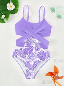 Traje de baño de una pieza con estampado de plantas tropicales para niña preadolescente