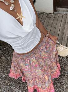 Sunnyshic Paisley Print Boho Style Long Skirt With Layered Ruffles Hem, Waistband, Elegant Ladies Summer Casual/Beach Skirt - Multicolor - View 4