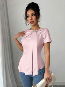SHEIN Clasi Pink Lace-Up Front Ruffle Sleeve Vacation Shirt - Pink - View 6