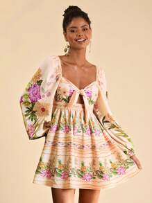 Travachic 满版心形印花 V 领扭纹长袖优雅连衣裙，奶油黄色连衣裙，节日装