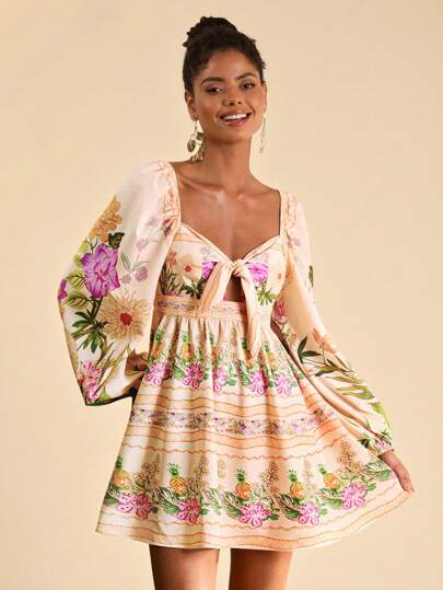 Travachic 满版心形印花 V 领扭纹长袖优雅连衣裙，奶油黄色连衣裙，节日装