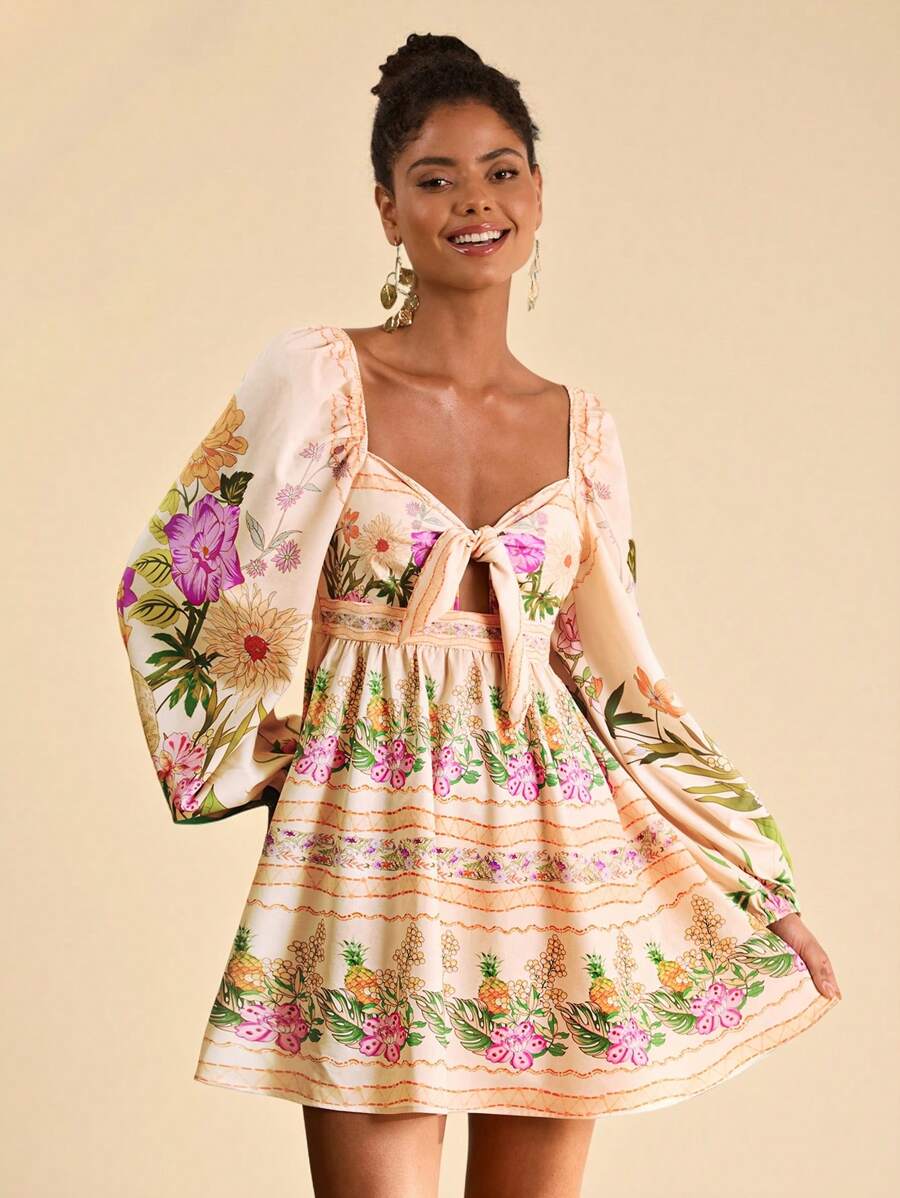 Travachic 满版心形印花 V 领扭纹长袖优雅连衣裙，奶油黄色连衣裙，节日装