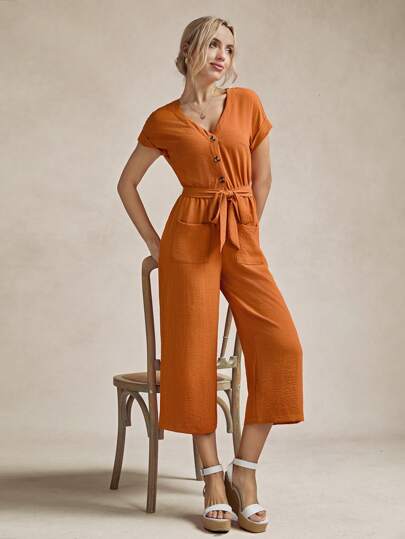 SHEIN LUNE 前紐扣腰帶連身褲