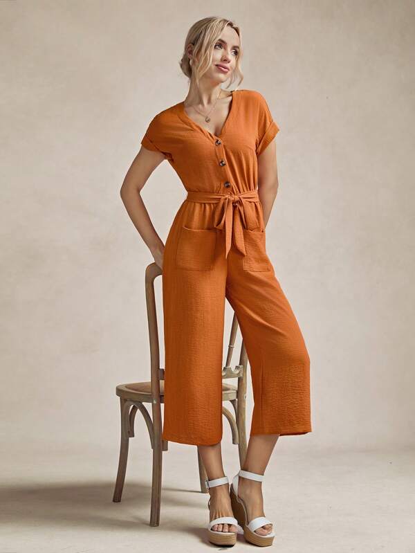 SHEIN LUNE Summer Women's Solid Color Short Sleeve Jumpsuit With Pockets