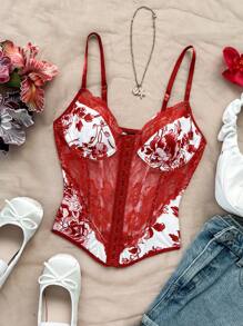 Soleia Áo crop top xương cá vá ren rỗng màu xanh và trắng, phong cách cổ điển, dành cho phái nữ - Đỏ và trắng - Xem 7