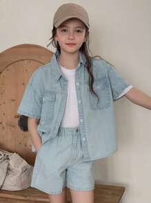 DAZY 2 Stück Set aus Jeans Hemd und Jeans Shorts für Tween-Mädchen, Sommer - Helle Waschung - Übersicht 5