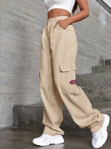 SHEIN EZwear Patched Detail Flap Pocket Wide Leg Jeans - Beige - View 6