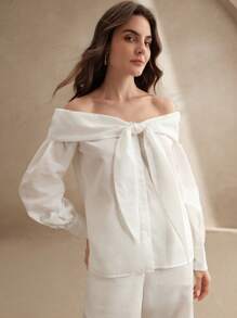 Anewsta 1件露肩长袖上衣和植物印花长裤套装 - 米色 - 查看 5