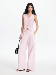 LYSMO 2025春夏新品女士复古风亚麻背心，前后拼接条纹设计和复古渐变效果，V领无袖系带腰部不对称门襟短款背心。简约百搭，修身剪裁，非常适合秋冬休闲商务风格和轻松的办公室穿着 - 藍色 - 查看 1