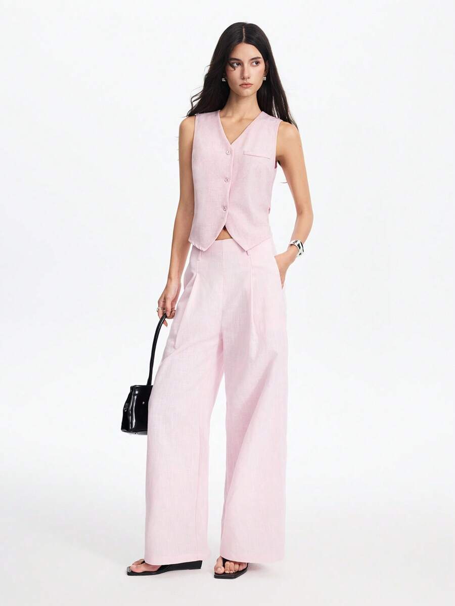 LYSMO 2025春夏新品女士复古风亚麻背心,前后拼接条纹设计和复古渐变效果,V领无袖系带腰部不对称门襟短款背心。简约百搭,修身剪裁,非常适合秋冬休闲商务风格和轻松的办公室穿着 - 藍色 - 查看 1