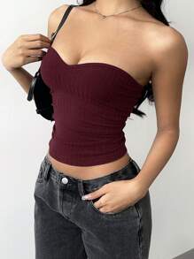 SHEIN BASICS Áo ống bó màu trơn thường ngày cho nữ - Màu Đỏ Sâu - Xem 3