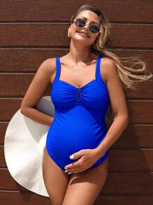 SHEIN Pregnant Women Solid Color Minimalist Everyday One-Piece Swimsuit For Summer Beach Vacation - Blue - View 5