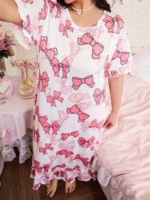 SweetSlumber Cute Bow Floral Print Ruffle Hem Casual Plus Size Nightgown Babydoll PerfectSummer
