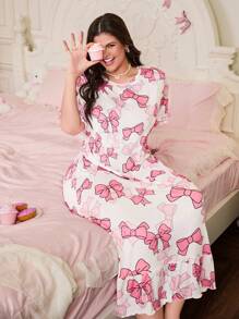 SweetSlumber Cute Bow Floral Print Ruffle Hem Casual Plus Size Nightgown Babydoll PerfectSummer