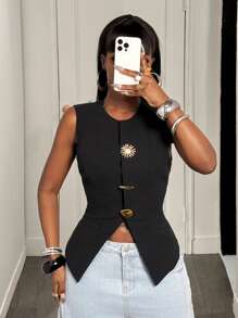 BamGleam Women Sleeveless Cotton Linen Vest Blazer - Black - View 4