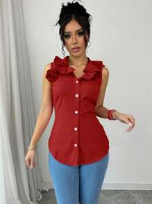 SHEIN Clasi Blusa sin mangas de unicolor con botones frontales y cuello de encaje, para el verano