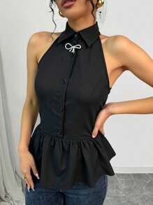 SHEIN Clasi Women's Casual Holiday Butterfly Decor Half-Placket Ruffled Hem Peplum Top - Black - View 6
