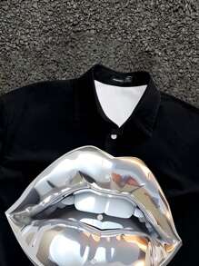 Manfinity Roghcode Men's Lip Print Single-Breasted Casual Loose Short Shirt Men's Cropped Tops, Lip Shirt, Cropped Men S Shirts