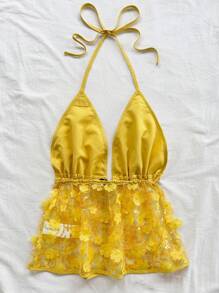 Soleia Áo hai dây hở lưng thêu họa tiết du lịch dành cho nữ, thích hợp cho các dịp lễ, hẹn hò, trà chiều, lễ hội âm nhạc, bãi biển, mùa hè, phong cách Boho, móc len, vải lanh - Màu vàng - Xem 2