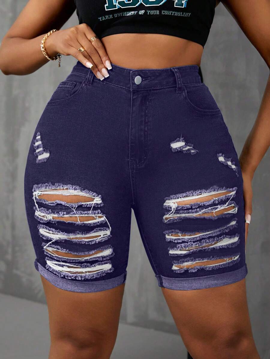 Slaydiva Plus Size Women Distressed Skinny Denim Cycling Pants - Purple - View 1