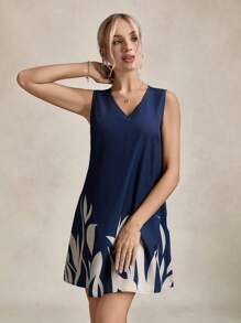 Wildy 女士植物圖案V領無袖連衣裙