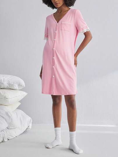 Moonlight&Mama Maternity Short Sleeve Nursing Nightgown With Lace&Button,Fashion Loungewear Sleepwear Pajama Dress Sleep Shirt