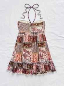 Soleia Đầm hở lưng mini in họa tiết nhiều màu sắc thời trang, buộc dây phía trước, eo xếp nếp, trang phục lễ hội âm nhạc - Nhiều màu - Xem 2