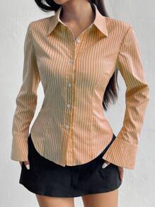 Flirla Women's Long Sleeve Single-Breasted Casual Fitted Striped Shirt - Orange - View 3