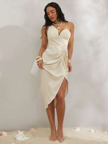 Silquee Vestido midi elegante de verano para mujer con un hombro y dobladillo fruncido asimétrico - Beis - Ver 8