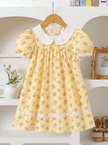 SHEIN Vintaside Kids Young Girls Elegant Sweet Cute Ditsy Floral Colorblock Peter Pan Collar Puff Sleeve Hem Ruffles Decor Casual Pastoral Princess Dress, Suitable For Holiday Party, Birthday Gift, Vacation Travel, Summer