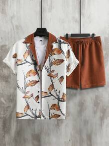 Manfinity RSRT Conjunto de Camisa de Manga Curta e Shorts com Estampa Floral Tropical para Homens - Multicolorido - Visão 4