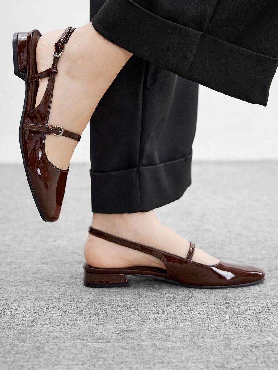 CUCCOO BIZCHIC Fashion Coffee Brown Patent Leather Cutout Mary Jane Square Toe Flats, Suitable For Commute, Dating, Party, Holiday, School For Christmas - Coffee Brown - View 1