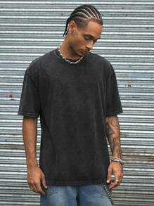 AXEPEAK Camiseta de manga corta con cuello redondo de hombre holgada y de punto en estilo sencillo y desgarrado, para amigos, moda, salir, verano, estilo urbano