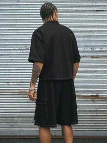 AXEPEAK 2 件套男士日常街头风 Polo 领宽松短袖衬衫和短裤套装