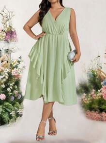 Bellastra Plus Size Women Green Ruffled Hem Split Hem Dress - Green - View 5