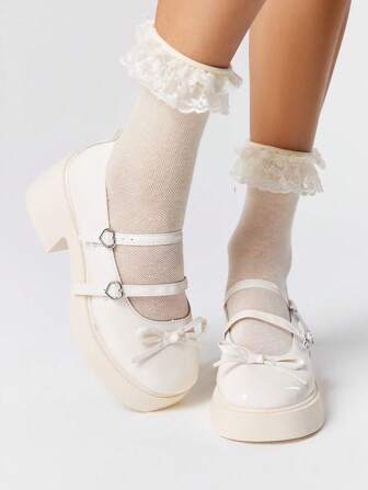 Kawaii Women's White Mary Jane Shoes, Strap Buckle Patent Leather Chunky Heeled Formal Dress Shoes, Bow Cross Straps, Work Shoes, Japanese JK School Uniform Shoes, Platform & Wedge