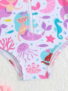 Newborn Swimsuit, Mermaid Print, Knit Fabric, Ruffled Edges, One-Piece Swimwear, With Hat, Girls, Fashion Leisure, Refined, Suitable For Swimming, Vacation, Summer Tropical Baby Clothes Baby Girl Clothes Beach Baby Beach Clothes Baby Girl Beach Clothes Swim Clothes For Baby Girl