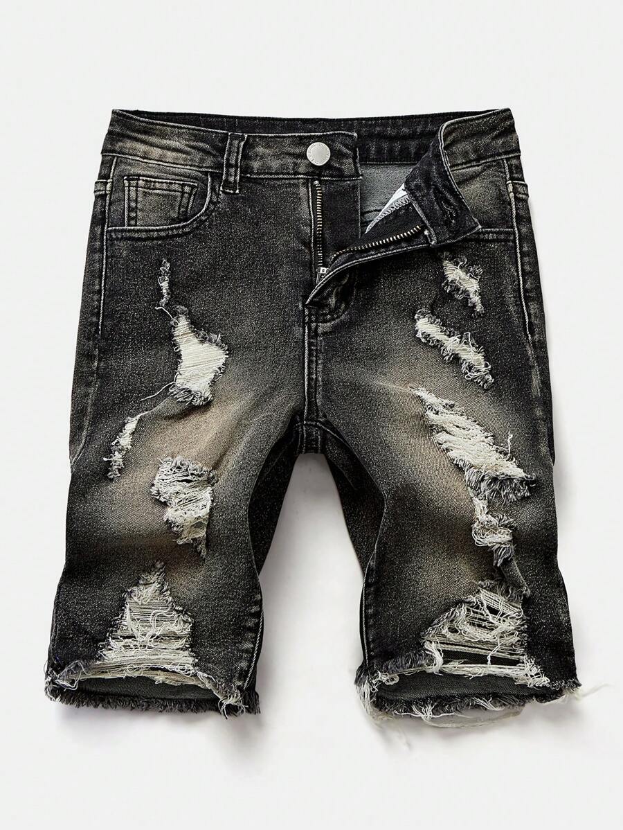 SHEIN 青少年男童时尚休闲 Y2k 复古蓝色牛仔镂空破洞磨边弹力修身男童短裤牛仔裤，柔软舒适，适合日常穿着，也适合儿童春夏穿着。 - 黑色 - 查看 1