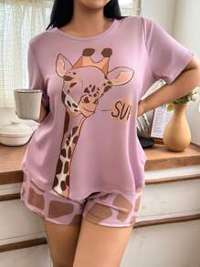 长颈鹿印花休闲大码短袖短裤套装 - 粉色 - 查看 3