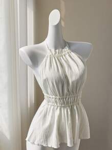 Elamini White Textured Fabric Sexy Deep V-Neck Backless Tie-Up Slim Fit Camisole Top, Chic For Spring/Summer Vacation, Babydoll Top - White - View 1