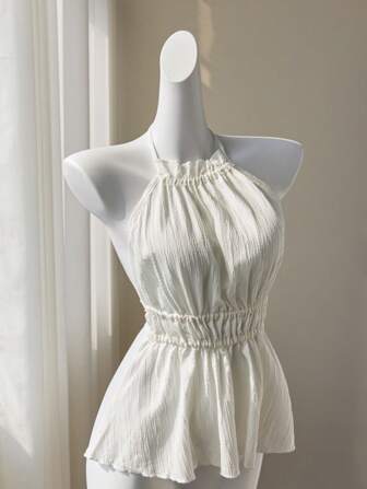 Elamini White Textured Fabric Sexy Deep V-Neck Backless Tie-Up Slim Fit Camisole Top, Chic For Spring/Summer Vacation, Babydoll Top