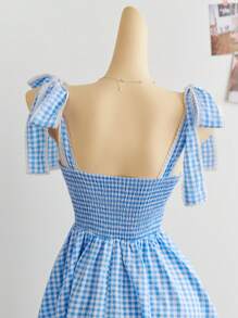 Elamini Cute Plaid Tied Strap Mini Dress - Blue and White - View 6