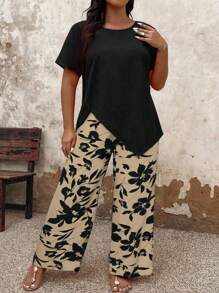 EMERY ROSE 2pcs Plus Size Women Set: Solid Color Asymmetrical Hem Top & Printed Contrast Color Pants