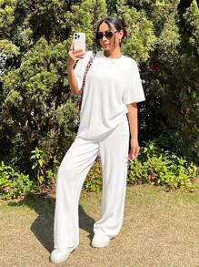 SHEIN EZwear Summer Knitted Textured Loose T-Shirt And Pants Casual Set