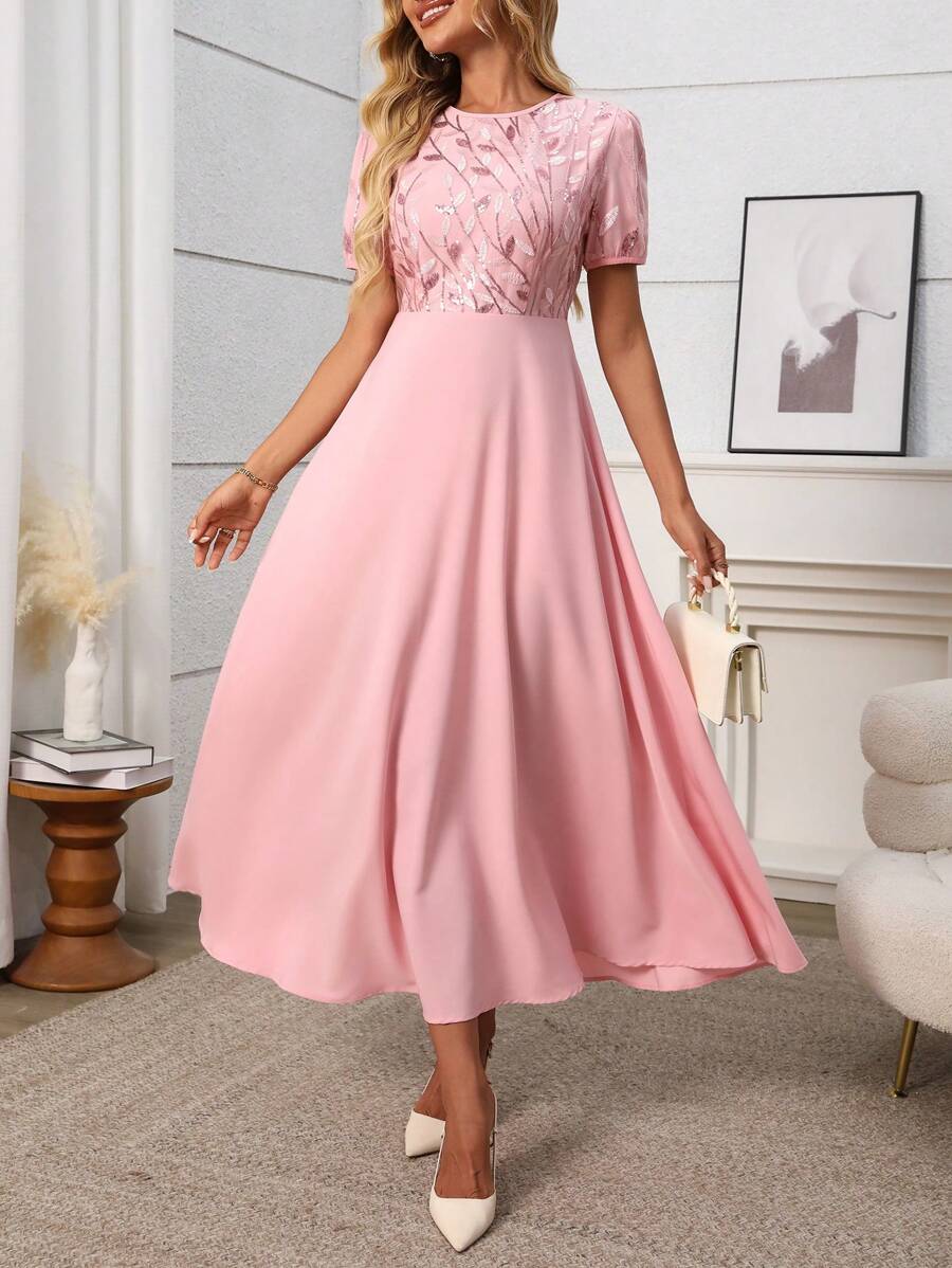 SHEIN Clasi 夏季优雅粉色花卉刺绣圆领短款泡泡袖连衣裙 - 粉色 - 查看 1