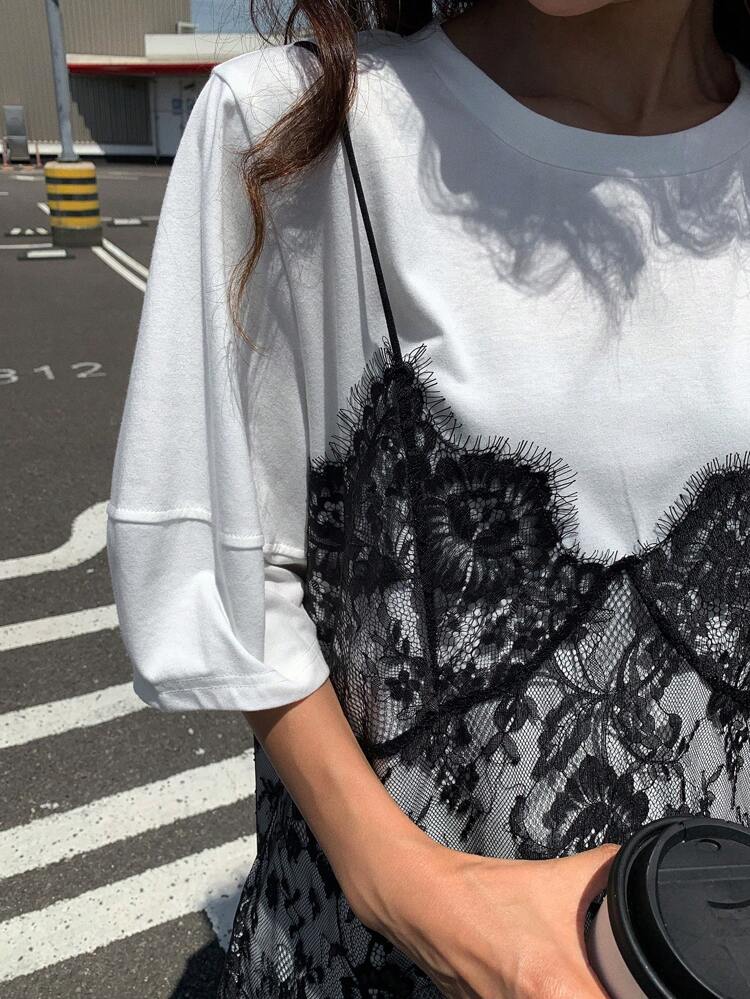 Women's Lace Camisole Patchwork T-Shirt Dress, Casual Short Vacation Style Dress Summer Sundress