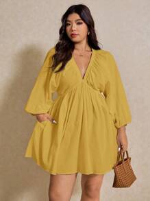 Elaquor 大码女式深V领灯笼袖纯色连衣裙